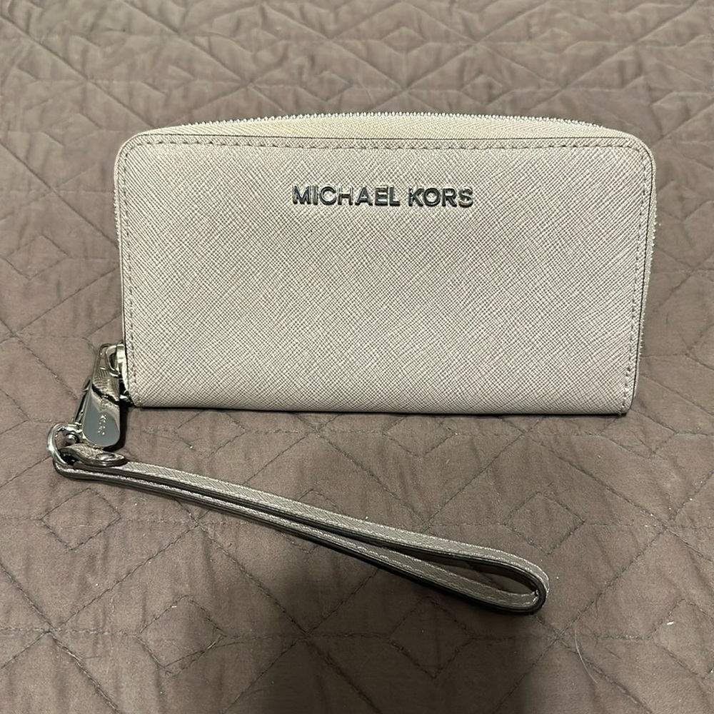 Michael Kors, Saffiano leather wallet, light gray with cell phone holder